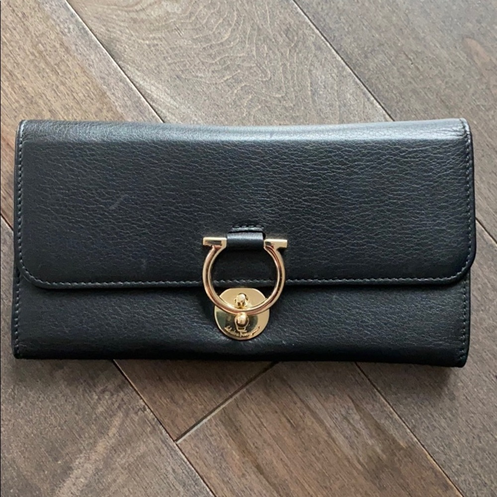 Ferragamo continental wallet, black with gold